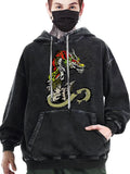 kkboxly  Trendy Dragon Pattern Men's Loose Cotton Blend Hooded Sweatshirt With Drawstring And Kangaroo Pocket, Fall Winter