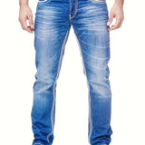 Slim Fit Distressed Jeans, Men's Casual Medium Stretch Denim Pants