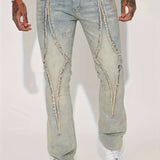 kkboxly  Retro Distressed Raw Trim Jeans, Men's Casual Street Style Medium Stretch Jeans