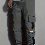 kkboxly  Ribbon Design, Men's Drawstring Overalls With Pockets, Loose Trendy Comfy Jogger Pants