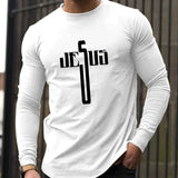 kkboxly Black And White Jesus Word Print, Men's Crew Neck Sweatshirt, Streetwear Pullover With Long Sleeves, Slightly Flex Top Clothing For Men For All Seasons