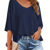 kkboxly  Solid Elegant V Neck T-Shirt, Drop Shoulder Casual Top For Summer & Spring, Women's Clothing