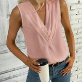 kkboxly   Ruched V Neck Blouse, Casual Sleeveless Solid Versatile Blouse, Women's Clothing