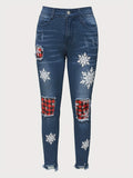 Stylish Ripped Denim Jeans - Women Jeans with Christmas Snowflake & Plaid Print Fringe Trim, High Rise, Button Fly, Tapered Leg, Comfortable Denim Pants for Casual Wear