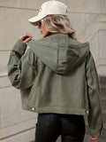 Green Long Sleeves Denim Jackets, Flap Pockets Non-Stretch Hooded Denim Coats, Women's Denim Clothing