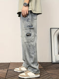 Men's Stylish Vintage Style Loose Denim Pants With Pockets, Casual Breathable Cotton Blend Straight Leg Jeans For Spring Fall