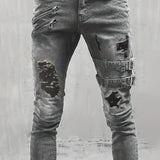 kkboxly  Slim Fit Ripped Biker Jeans, Men's Casual Street Style Medium Stretch Denim Pants