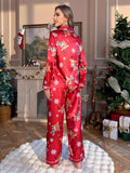 Cozy Christmas Snowflake & Reindeer Clothing Set for Women - Long Sleeve, Button-Up Top with Lapel Collar & Elastic Waistband Pants, Machine Washable