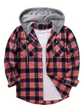 kkboxly  Drawstring Hooded Flannel Shirt, Men's Casual Various Colors Plaid Button Up Shirt For Spring Summer