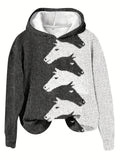 kkboxly  Color Block Horse Print Pullover Hoodie, Casual Long Sleeve Hoodie Sweatshirt, Women's Clothing