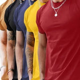 kkboxly  5pcs Men's Fashion Sports T-shirt, Casual Stretch Round Neck Tee Shirt For Summer