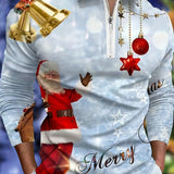 kkboxly  3D Christmas Themed Print Men's Long Sleeve Zipper Lapel Shirt, Trendy Graphic Male Shirt For Spring Fall