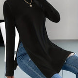 Versatile Split Hem Long T-Shirt, Casual Long Sleeve Crew Neck T-Shirt For Spring & Fall, Women's Clothing