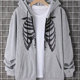 kkboxly  Skeleton Pattern Zip Up Hoodie, Men's Casual Stretch Hooded Sweatshirt Sportswear