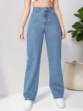 Blue Loose Fit Straight Jeans, High Waist Non-Stretch Slash Pockets Denim Pants, Women's Denim Jeans & Clothing