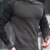 kkboxly  Waffle Trendy Patchwork Sweatshirt, Men's Casual Ethnic Pattern Sleeves Crew Neck Sweatshirt For Men Fall Winter