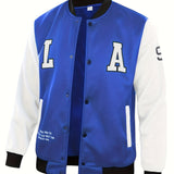 kkboxly  "LA" Print Varsity Jacket, Men's Casual Color Block Button Up Jacket For Spring Fall School Baseball