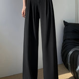 kkboxly  Solid High Waist Pants, Casual Wide Leg Button Pants, Women's Clothing