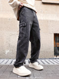 kkboxly  Loose Fit Flap Pocket Jeans, Men's Causal Street Style Cargo Jeans For All Seasons