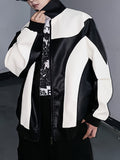 kkboxly  Men's Casual Color Block PU Leather Jacket, Chic Biker Jacket