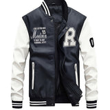 kkboxly  Men's Casual Pockets "R" Print Zipper Long Sleeves Baseball Collar PULeather Jacket