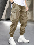 kkboxly  Men's Letter Graphic Drawstring Waist Cargo Pants With Flap Pockets