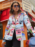 Newspaper Print Lapel Blazer, Casual One Button Long Sleeve Outerwear, Women's Clothing