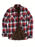 kkboxly  Men's Warm Fleece Plaid Shirt Coat, Casual Retro Lapel Button Up Chest Pocket Jacket For Fall Winter