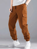 kkboxly  Trendy Solid Cargo Pants, Men's Multi Flap Pocket Drawstring Trousers, Loose Casual Outdoor Pants, Men's Work Pants Outdoors Streetwear Hip Hop Style