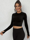 kkboxly  Solid Color Long Sleeve Crop T-Shirt With Thumb Hole,Casual Sports Versatile Running Top, Women's Clothing