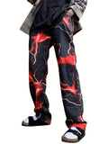 kkboxly  Straight Leg Lightning Pattern Dye Jeans, Men's Casual Street Style Loose Fit Denim Pants For Spring Summer