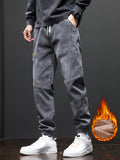 kkboxly  Men's Warm Thick Tapered Pants, Casual Trendy Cropped Pants For Fall Winter