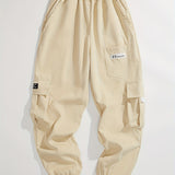 Kid's Trendy Patched Cargo Pants, Elastic Waist Trousers With Pockets, Boy's Clothes For All Seasons