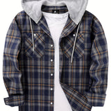 kkboxly  Drawstring Hooded Flannel Shirt, Men's Casual Various Colors Plaid Button Up Shirt For Spring Summer