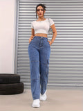 kkboxly  Loose Fit Casual Straight Jeans, Flap Pockets Non-Stretch Denim Pants, Women's Denim Jeans & Clothing