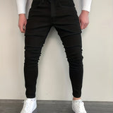 kkboxly  Slim Fit Cotton Jeans, Men's Casual Street Style Solid Color Classic Design Mid Stretch Denim Pants For Spring Summer