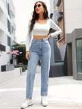 High Rise Light Wash Blue Mom Jeans, Zipper Button Closure Slash Pocket Solid Color Casual Denim Pants, Women's Denim Jeans & Clothing