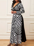 Color Block Long Sleeve Dress, Plunge Neck Cinched Waist Maxi Length Dress, Women's Clothing