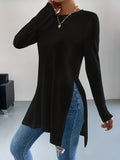 Versatile Split Hem Long T-Shirt, Casual Long Sleeve Crew Neck T-Shirt For Spring & Fall, Women's Clothing