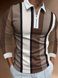 kkboxly  Men's Color Block Stripe Long Sleeve Zip Polo Shirt, Men's Clothing