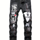 Patch Splatter Ripped Jeans, Men's Casual Street Style Distressed Slim Fit High Stretch Denim Pants For Spring Summer