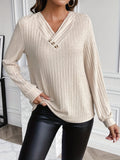 Solid Button Decor V-neck T-shirt, Versatile Long Sleeve T-shirt For Spring & Fall, Women's Clothing