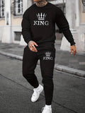 kkboxly  KING Print, Men's 2Pcs Outfits, Casual Crew Neck Long Sleeve Pullover Sweatshirt And Drawstring Sweatpants Joggers Set For Spring Fall, Men's Clothing