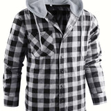 kkboxly  Drawstring Hooded Flannel Shirt, Men's Casual Various Colors Plaid Button Up Shirt For Spring Summer