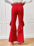 kkboxly  Solid Slim Flare Leg Pants, Elegant Ruffle Trim Pants For Spring & Fall, Women's Clothing