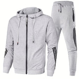 kkboxly  Stripe Design, Men's 2pcs, Long Sleeve Zip Up Hoodie And Drawstring Jogger Pants For Running, Athletics