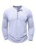 kkboxly  Solid Color Men's All-match Cotton Comfy Long Sleeve Round Neck Henley Shirt, Spring Fall