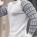 kkboxly  Waffle Trendy Patchwork Sweatshirt, Men's Casual Ethnic Pattern Sleeves Crew Neck Sweatshirt For Men Fall Winter