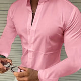 kkboxly  Trendy Men's Casual Solid Long Sleeve Shirt With Mandarin Collar Design, Men's Shirt For Summer, Tops For Men, Gift For Men