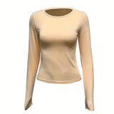 kkboxly  Versatile Solid Slim T-Shirt, Crew Neck Long Sleeve T-Shirt, Casual Every Day Tops, Women's Clothing